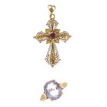 A 9ct gold single stone amethyst ring and a red gem cross pendant.Amethyst calculated weight