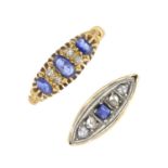 Two early 20th century gold sapphire and diamond rings.