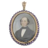 A 19th century gold amethyst portrait miniature pendant.