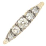 An early 20th century gold diamond five-stone ring.Estimated total diamond weight 0.35ct,