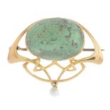 An Art Nouveau turquoise and pearl brooch.Turquoise calculated weight 15cts,