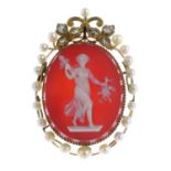 A cultured pearl, diamond and agate cameo brooch.