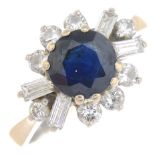 A sapphire and diamond cluster ring.Sapphire calculated weight 1.53cts,