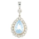 An aquamarine and diamond cluster pendant.Aquamarine calculated weight 3.30cts,