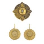 A late Victorian gold diamond brooch and a pair of earrings.