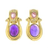 A pair of amethyst, pink tourmaline and pave-set diamond earrings.