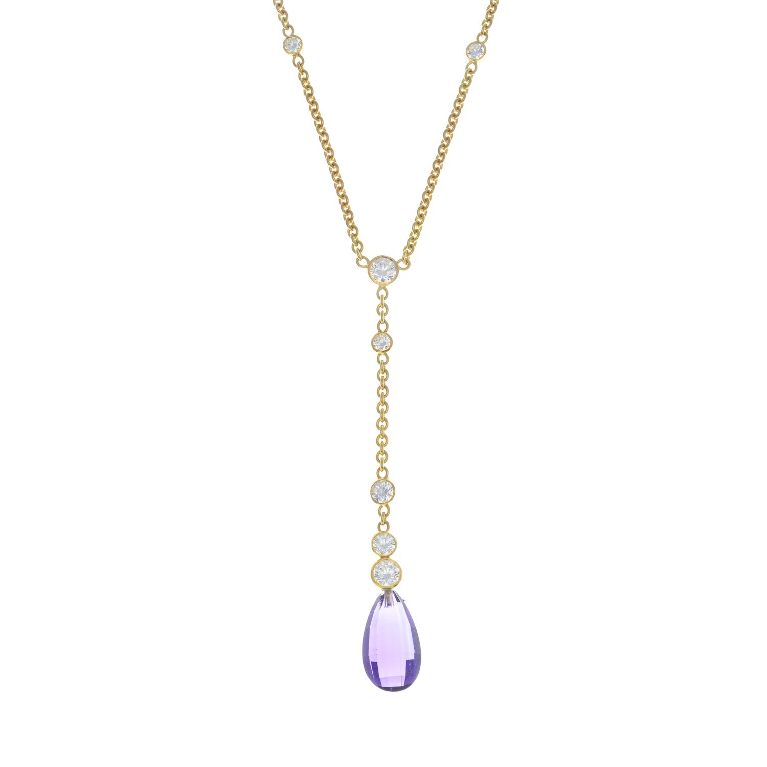 A diamond necklace, suspending an amethyst briolette.