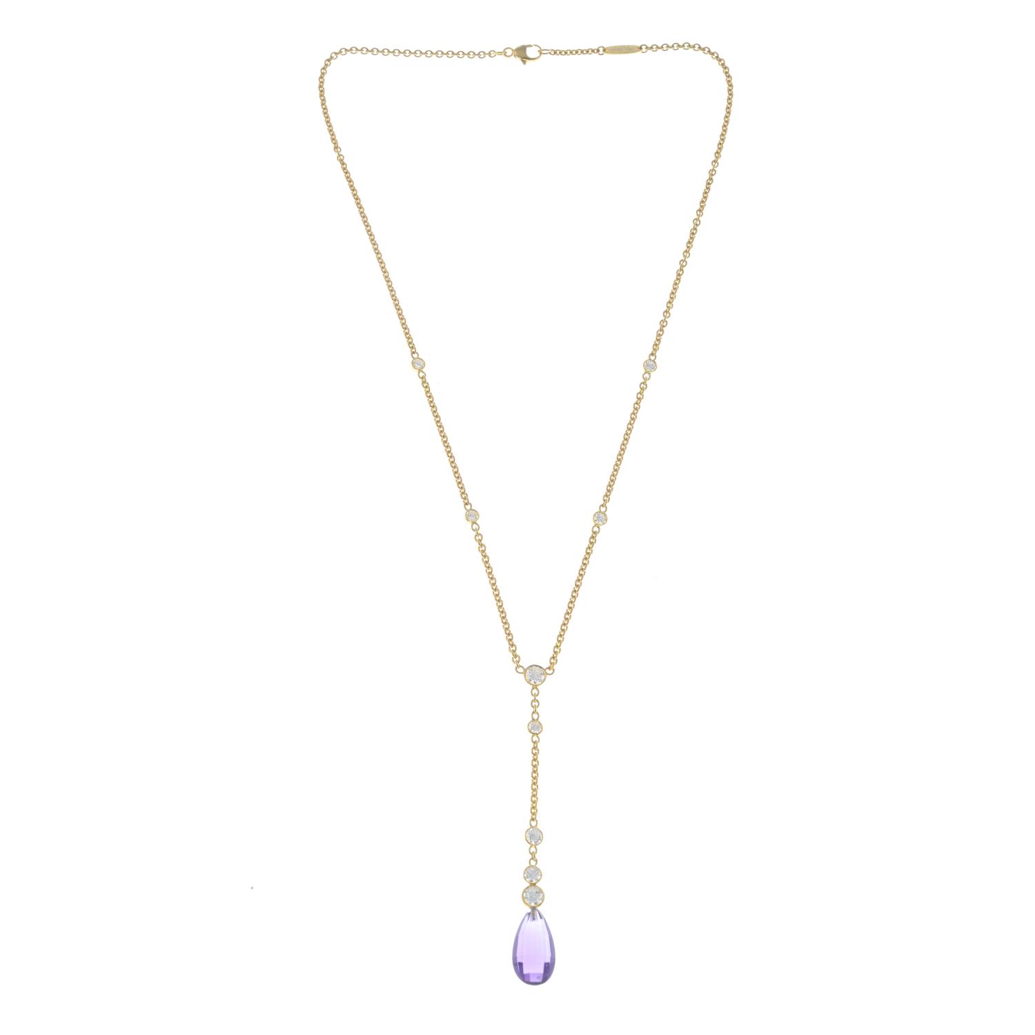 A diamond necklace, suspending an amethyst briolette. - Image 2 of 3