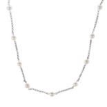 A cultured pearl necklace.Nine cultured pearls, each measuring approximately 8.7mms.