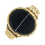 A mid Victorian gold, banded agate locket ring, circa 1856.Ring size N1/2.