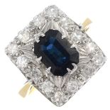 A sapphire and diamond cluster ring.Sapphire calculated weight 1.60cts,