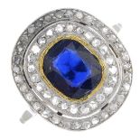 A sapphire and diamond cluster ring.Sapphire calculated weight 1.47cts,