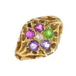 A gem-set and diamond cluster ring, to include diamond, green garnet, rubies and amethysts.