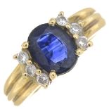 An 18ct gold sapphire and diamond dress ring.Sapphire calculated weight 1.21cts,