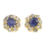 A pair of sapphire and diamond cluster earrings.Length 0.6cm.