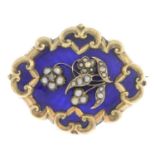 A late Victorian gold split pearl and diamond enamel brooch.Length 3.8cms.