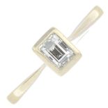 An 18ct gold rectangular-shape diamond single-stone ring.