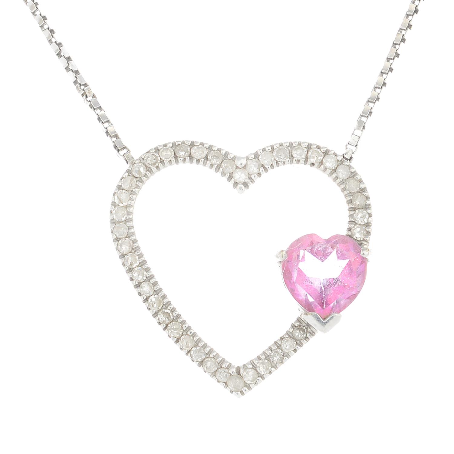 A 9ct gold coated pink topaz and diamond heart necklace.Estimated total diamond weight