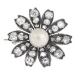 A diamond and cultured pearl floral cluster brooch.