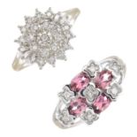 Two 9ct gold diamond and pink tourmaline dress rings.Estimated total diamond weight