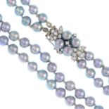 A grey cultured pearl two-row necklace,