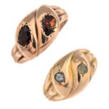 Two Edwardian 9ct gold gem-set snake rings.