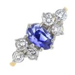 An 18ct gold sapphire and diamond ring.Sapphire calculated weight 1.35cts,