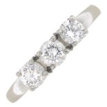 A platinum diamond three-stone ring.Estimated total diamond weight 0.60ct, I-J colour, SI clarity.