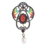 A diamond, garnet, cultured pearl and plique-a-jour enamel brooch.