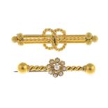 Two early 20th century gold bar brooches, one with seed and split pearl floral cluster.