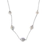 A cultured pearl necklace.Cultured pearls measuring 11.5 to 14.3mms.Stamped 750.Length 47cms.