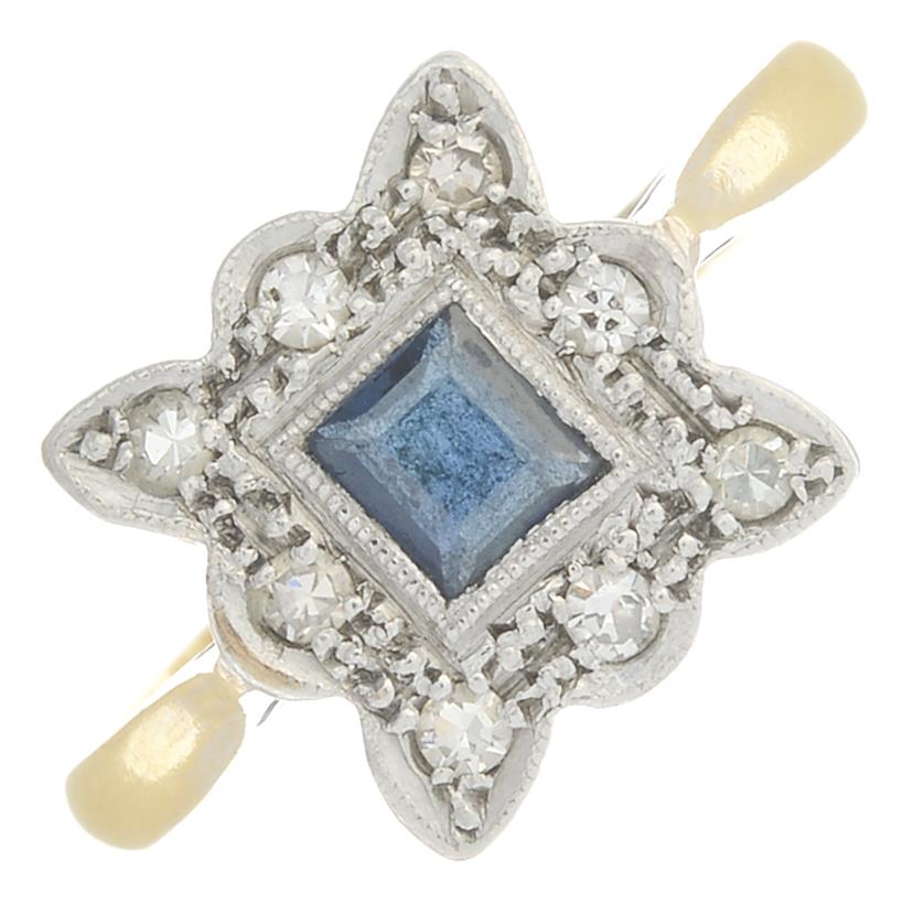 A mid 20th century 18ct gold and platinum, sapphire and diamond dress ring.