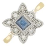 A mid 20th century 18ct gold and platinum, sapphire and diamond dress ring.