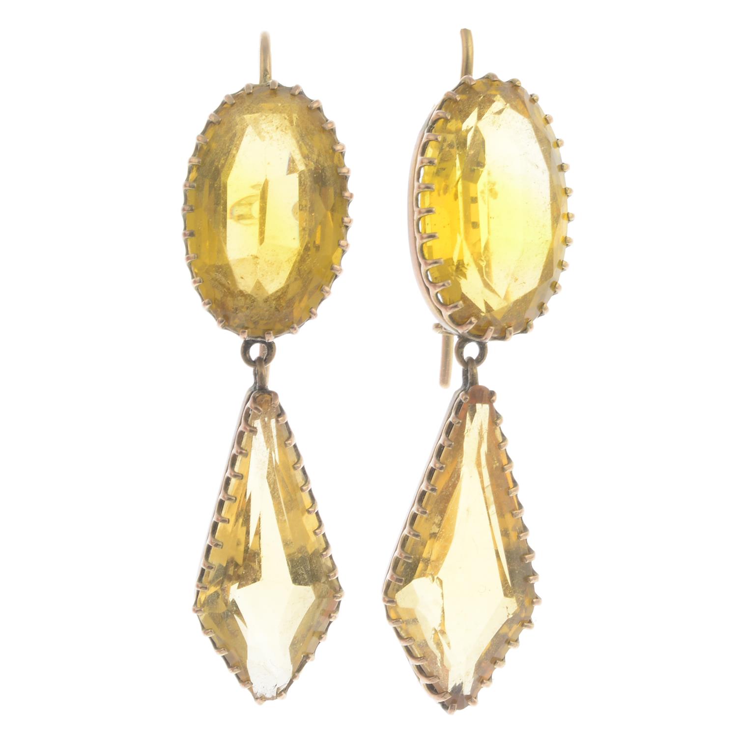 A pair of late Victorian gold citrine drop earrings.Citrine calculated total weight 19.87cts,