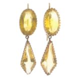 A pair of late Victorian gold citrine drop earrings.Citrine calculated total weight 19.87cts,