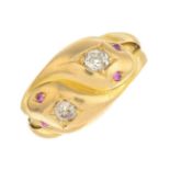 A late Victorian 18ct gold diamond and ruby snake ring.
