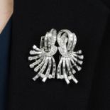 A mid 20th century platinum vari-cut diamond double clip brooch.Estimated total diamond weight