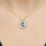 An emerald and brilliant-cut diamond cluster pendant, on chain.