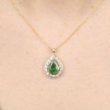 A pear-shape emerald and brilliant-cut diamond cluster pendant, on integral trace-link chain.