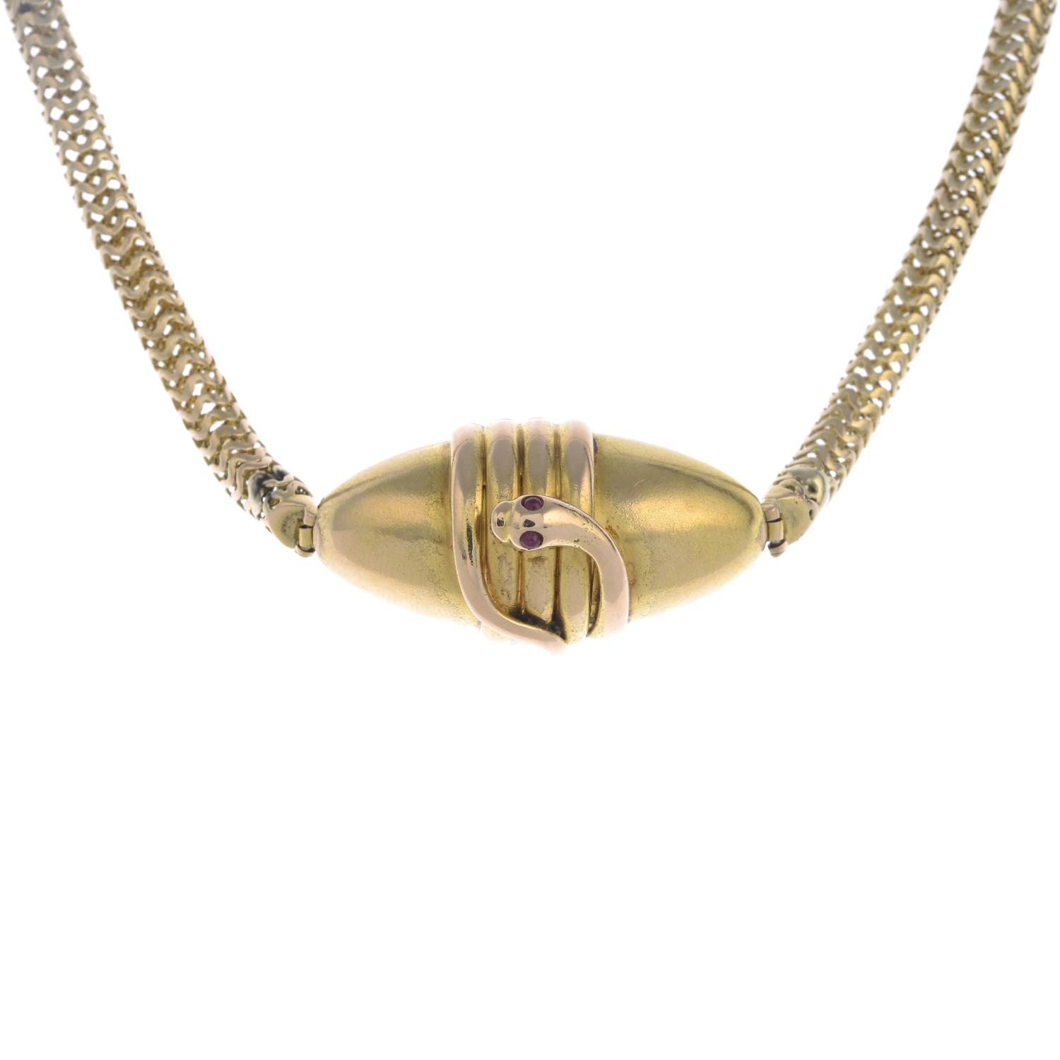 A late Victorian gold ruby-eyed snake locket necklace.Length 38.5cms. - Image 5 of 5