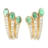 A pair of emerald cabochon and brilliant-cut diamond earrings.