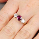 An 18ct gold Thai ruby and brilliant-cut diamond three-stone ring.With report 79215-54,