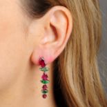 A pair of pink tourmaline and emerald asymmetric drop earrings.Tourmaline calculated total weight