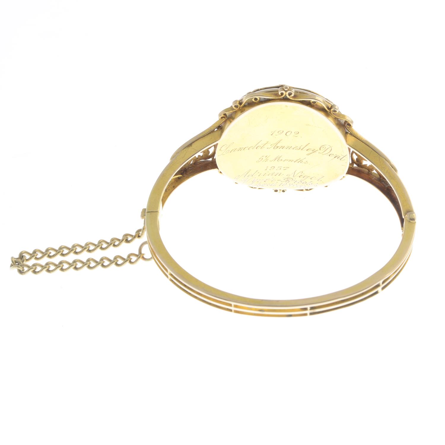 An Edwardian 15ct gold locket bangle, with gem acrostic reading 'Rosemary'. - Image 2 of 4