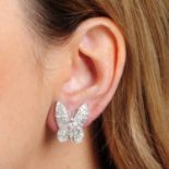 A pair of mid 20th century platinum diamond butterfly earrings,