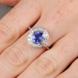 A sapphire and diamond dress ring.Sapphire calculated weight 1.49cts,