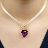 An amethyst heart and split pearl bow pendant.Amethyst calculated weight 17.80cts,