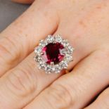 A pink tourmaline and brilliant-cut diamond cluster ring.