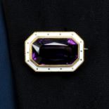 An early 20th century 18ct gold amethyst and white enamel brooch.Amethyst calculated weight