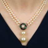 A mid 20th century cultured pearl two-row necklace,